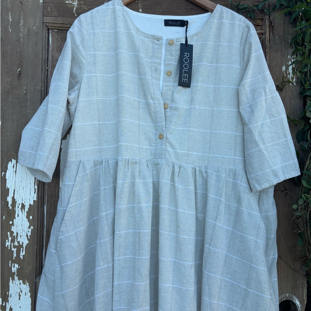 Roolee Natural Beige Striped Linen Midi Dress